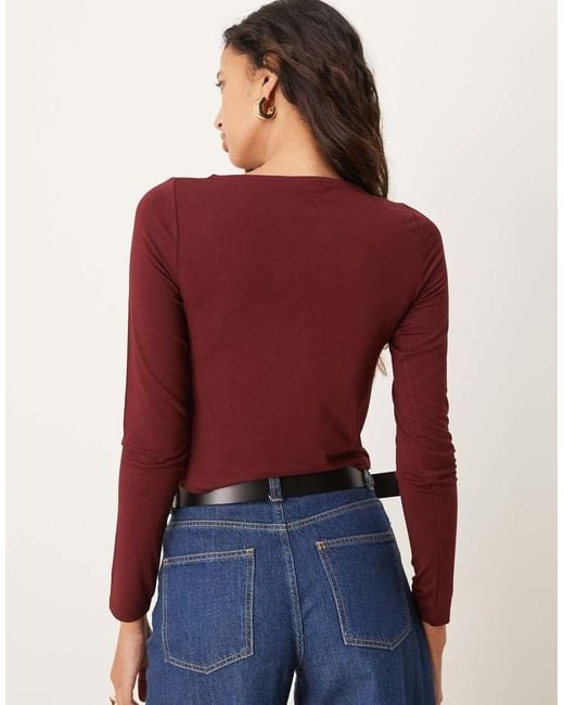 ASOS Red Ribbed Long Sleeve Twist Front Detail Top
