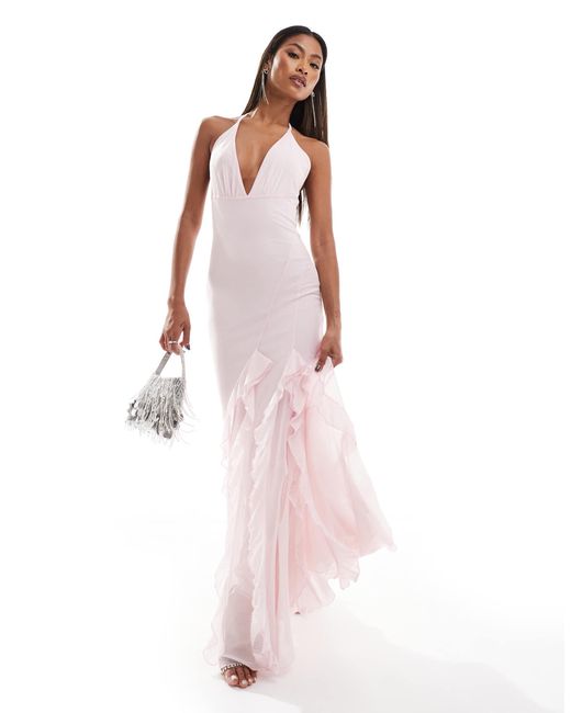 ASOS Pink Mesh Plunge Maxi Dress With Ruffle Front Split And Panel Detailing