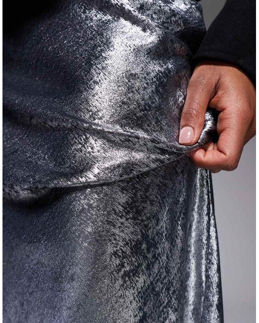New Look Blue Foil Metallic Satin Midi Skirt