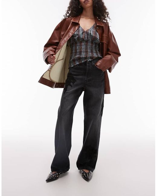 Jeans Dritti Ampi Neri A Vita Medio Alta Con Dettagli di TOPSHOP in Blue