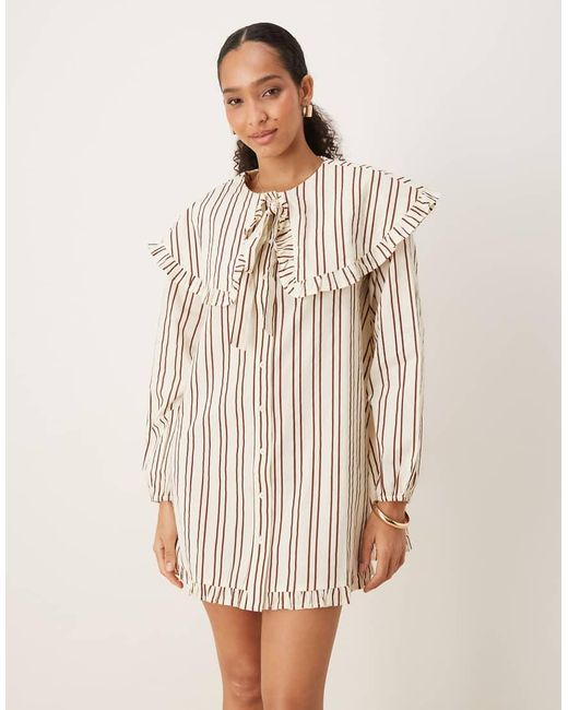 Neon Rose Natural Striped Oversized Collar Mini Smock Dress