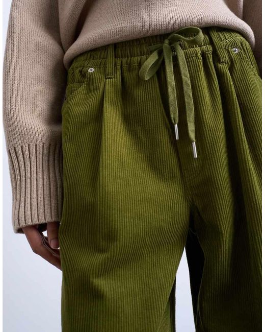 TOPSHOP Green Corduroy Wide Leg Pants With Drawstring