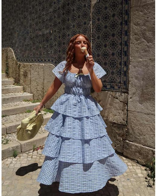 Labelrail Blue X Rebecca Olivia Gingham Tiered Midaxi Dress