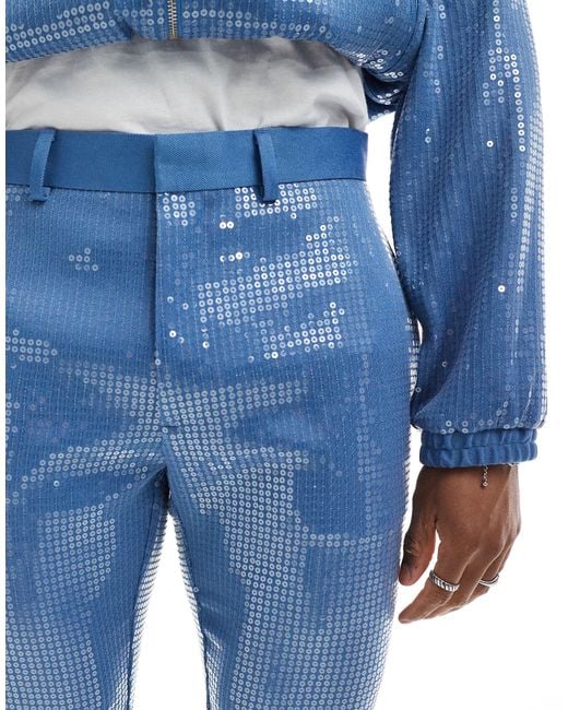 ASOS – elegante pailletten-schlaghose in Blue für Herren
