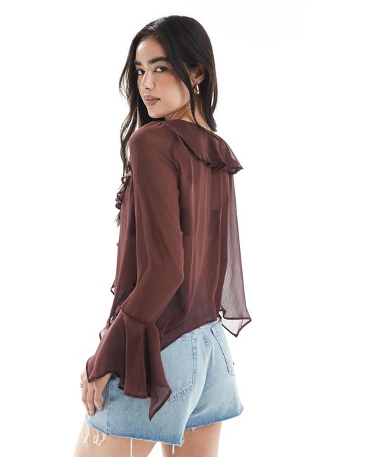 Miss Selfridge Brown Chiffon Ruffle Tie Front Top