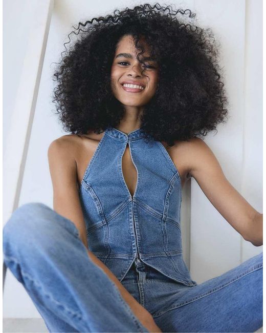 Stradivarius Blue Qipao Halter Denim Top