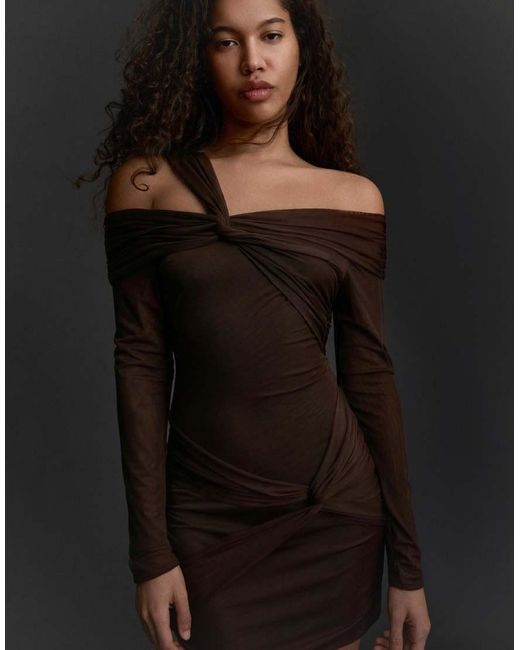 Bershka Black Tulle Long Sleeve Mini Dress With Knots