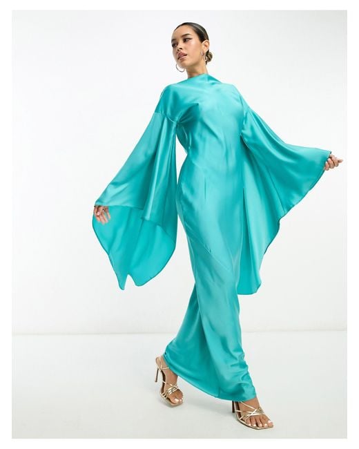 ASOS Blue Satin Maxi Dress With Extreme Drape Sleeve And Open Back