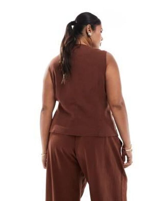 Vero Moda Brown Linen Touch Asymmetric Button Front Waistcoat Co-ord