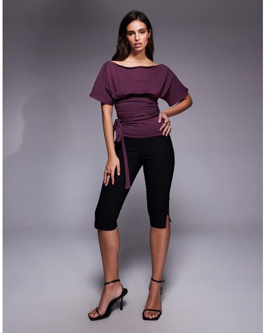 Fashionkilla Purple Exclusive Cotton Rich Off Shoulder Long Sleeve Wrap Waist Detail T-shirt