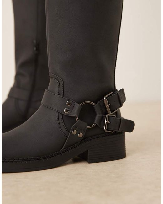 Glamorous Black Harness Biker Knee Boots