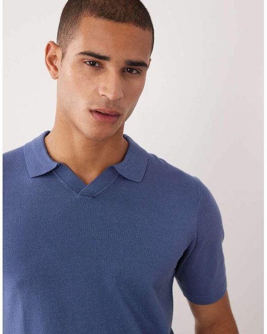 Threadbare Blue Knit Short Sleeve Polo Shirt for men