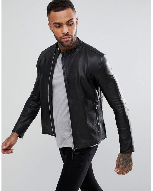 Religion Black Collarless Leather Jacket for men