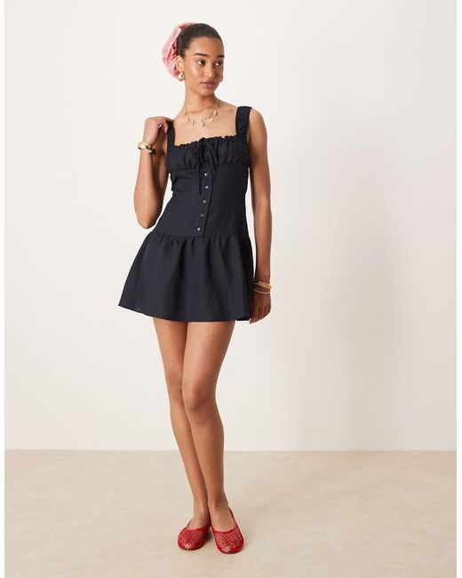 Lioness Blue Heart Shaped Linen Blend Milkmaid Tie Front Button Detail Gathered Skirt Mini Dress