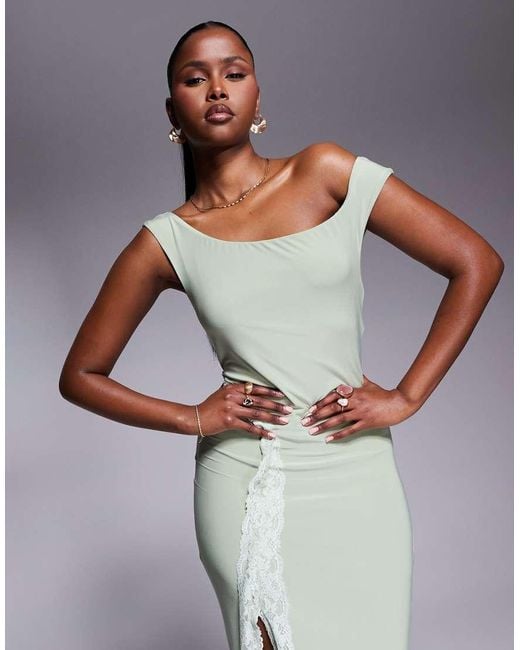 ASOS Blue Bardot Maxi Dress With Lace Sides And Split