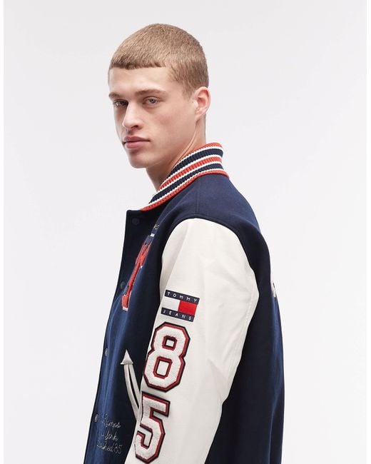 Tommy Hilfiger Blue Graphic Patch Logo Varsity Jacket With Leather Sleeves for men
