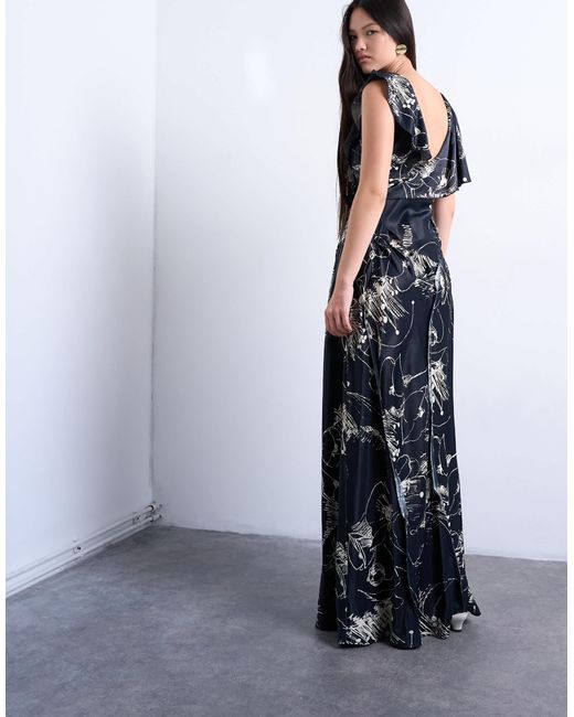 Robe volantée longue à imprimé fleuri et bords bruts - et blanc TOPSHOP en coloris Blue