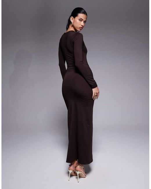 The Frolic Brown Exclusive Slinky Ruched Waist Detail Fishtail Maxi Dress