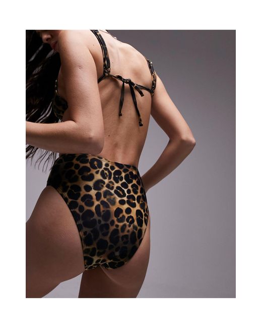 TOPSHOP Brown – mix and match – bikinihose mit leopardenprint, hohem bund und hohem beinausschnitt