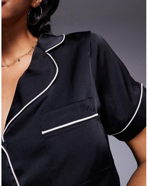 Boux Avenue Black Luxe Satin Revere Top And Shortie Set With Piping Detail
