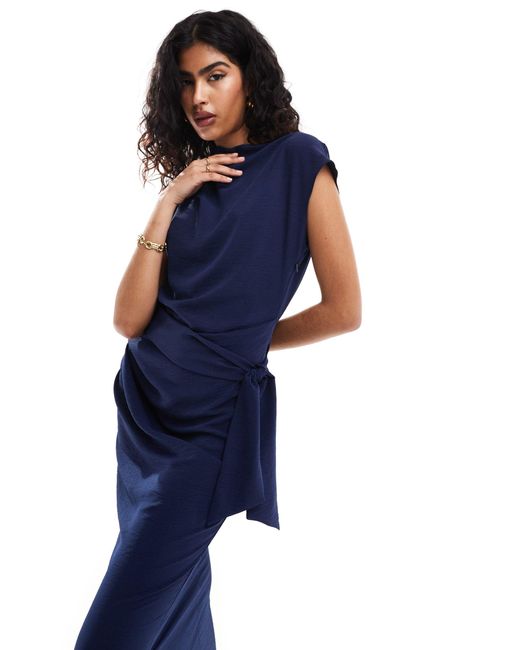 ASOS Blue Drape Waist Midi Dress With Wrap Skirt