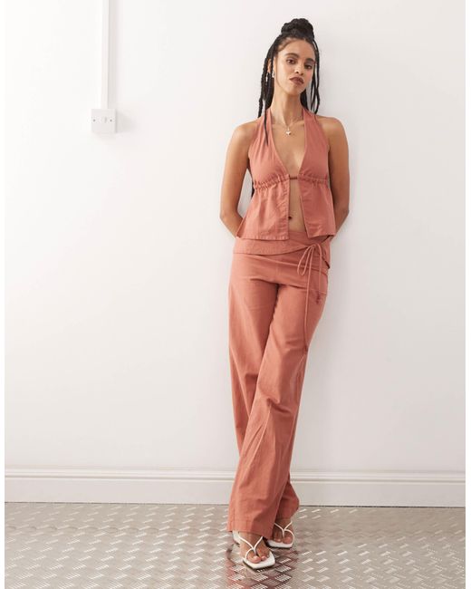 Motel Orange Cursa Sarong Overlay Bead Detail Linen Trousers