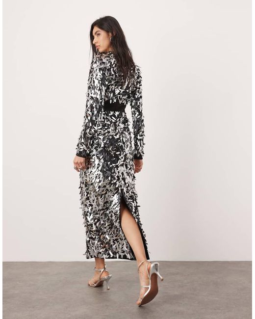 ASOS Metallic Embellished Shard Sequin Long Sleeve Maxi Dress With Contour Waist Detail