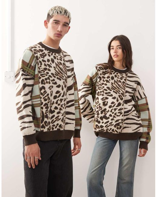 Collusion Black Unisex Knitted Spliced Animal Print Jumper Sweater