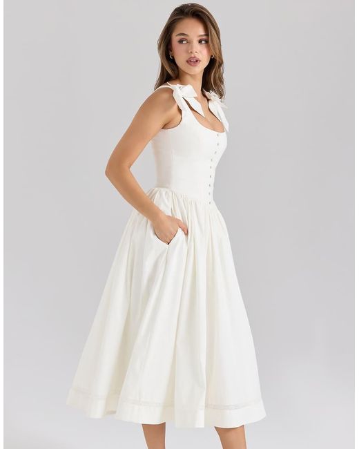 House Of Cb White Lillia Stretch Cotton Bow Midi Dress