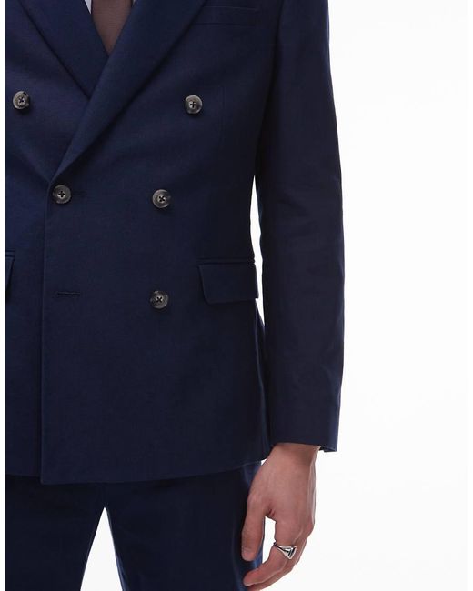 Topman Blue Double Breasted Linen Blend Blazer for men