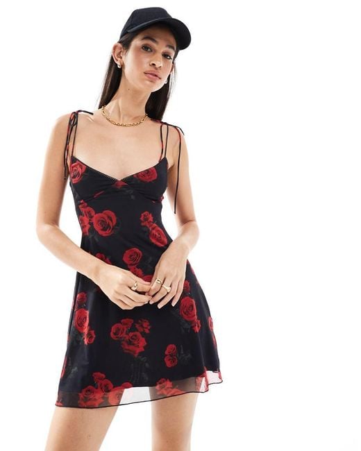 Bershka Black Rose Print Strappy Mini Dress