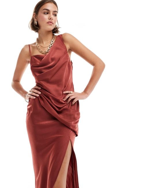 ASOS Red Satin Asymmetric Shoulder Drape Bodice Maxi Dress With Side Split