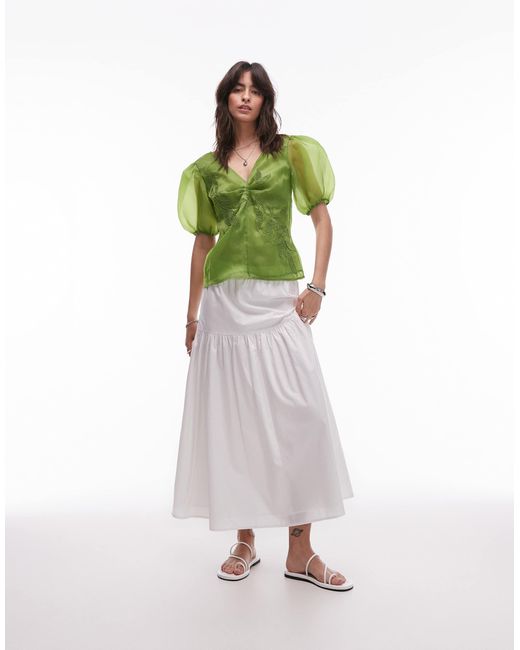 TOPSHOP Green Embroidered Organza Puff Sleeve Top