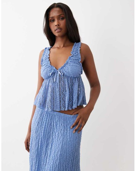 Gina Tricot Blue Lace Top With Front Ribbon Bow