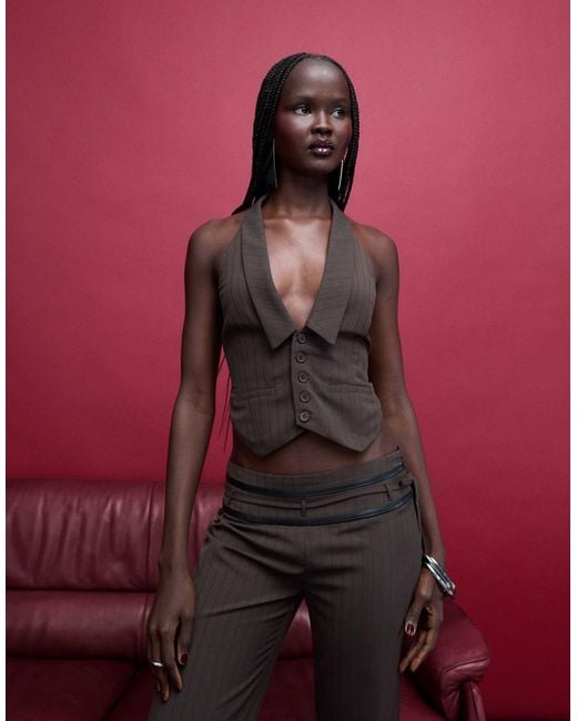 Tiger Mist Pink Fedra Tailored Halterneck Strappy Open Tie Back Collar Detail Waistcoat Top