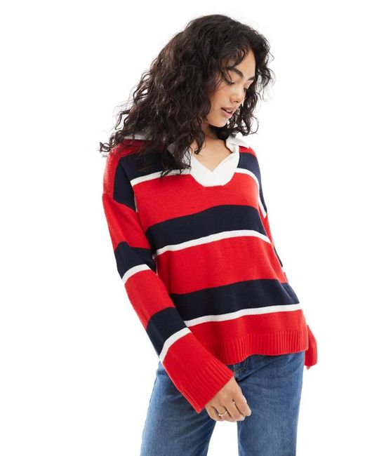 Brave Soul Red Oversized Knitted Rugby Top With Contrast Collar