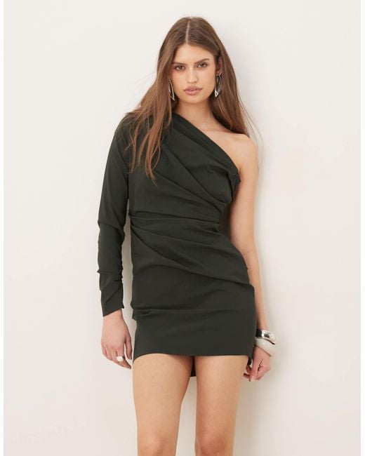 asos one shoulder dress black ASOS DESIGN Satin One Shoulder Midi Dress With Waist Detail In Chocolate main image 1