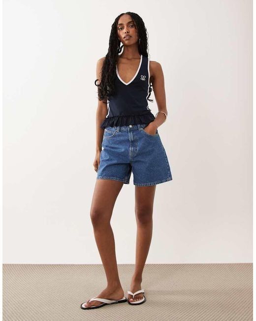 Miss Selfridge Blue V-neck Varsity Tank With Frill Hem