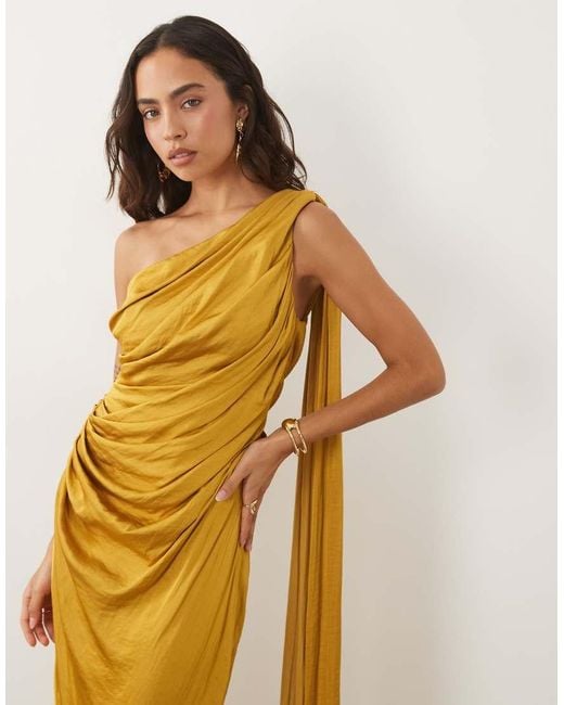 ASOS Metallic One Shoulder Gathered Draped Satin Maxi Dress