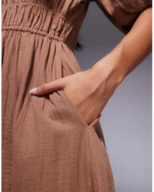 Robe mi-longue en aspect lin à manches bouffantes - taupe River Island en coloris Brown