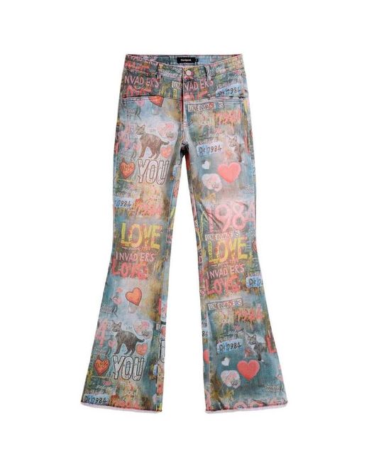 Desigual White Printed Flare Jeans