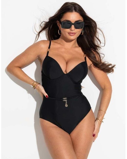 Pour Moi Black St Barts Push-Up Boost Padded Underwired Tummy Control Swimsuit