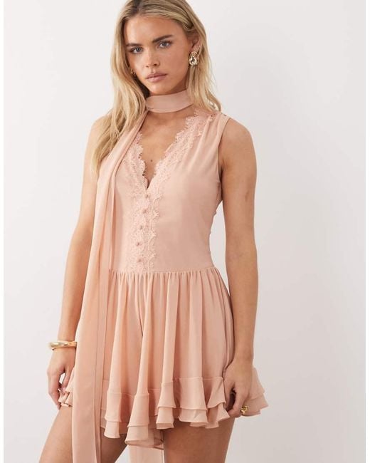 TFNC London Pink Low V-neck Chiffon And Lace Romper With Scarf