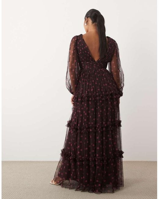 LACE & BEADS Brown Tulle Sheer Balloon Sleeve Plunge Neck Tiered Maxi Dress