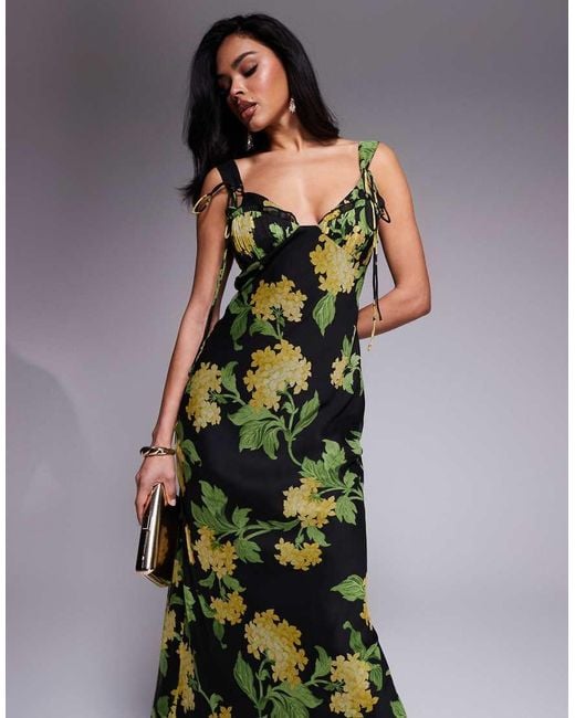 ASOS Multicolor Tie Detail Corset Bias Maxi Dress With Frills