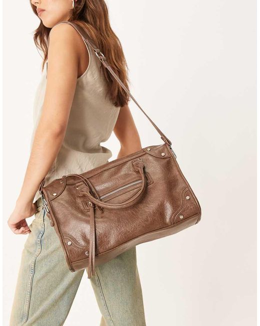 Gina Tricot Brown Studded Large Top Handle Tote Bag With Cross Body Strap