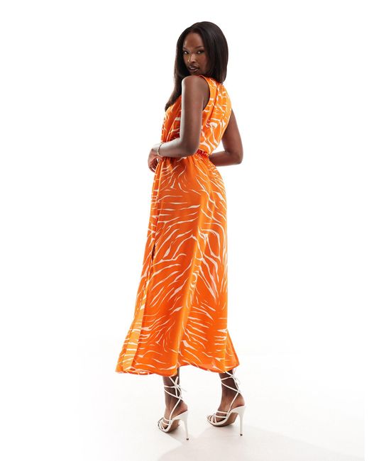 AX Paris Orange – ärmelloses midikleid mit farbenem zebramuster und zierausschnitten