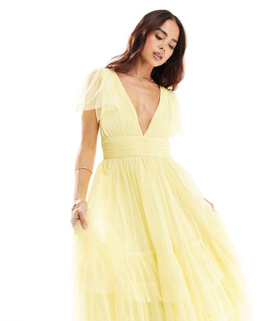 LACE & BEADS Yellow Bridesmaid Madison V Neck Tulle Midi Dress