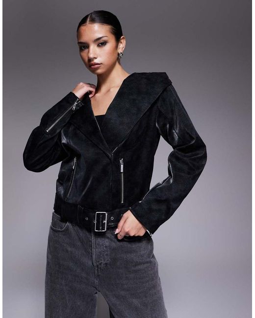 I.AM.GIA Blue Andromeda Leather Look Oversized Hood Detail Moto Jacket