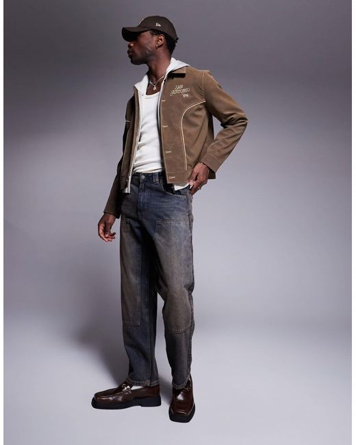 ASOS – harrington-jacke aus em wildlederimitat mit stickerei in Blue für Herren